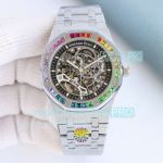 GRF Super Clone AP Royal Oak White Frosted Gold Rainbow Diamond Skeleton Watch 